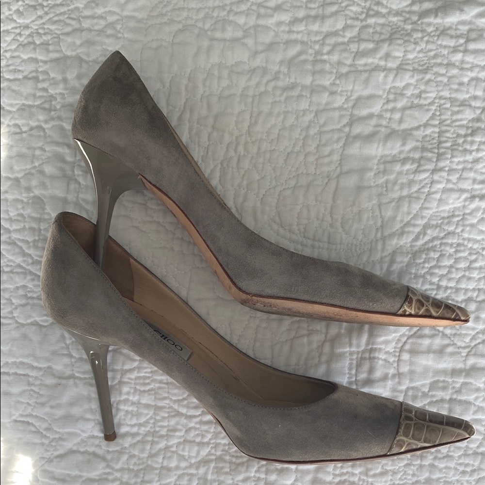Jimmy Choo Suede Animal Print Pumps Size 38 Gray and Tan - Picture 3 of 7